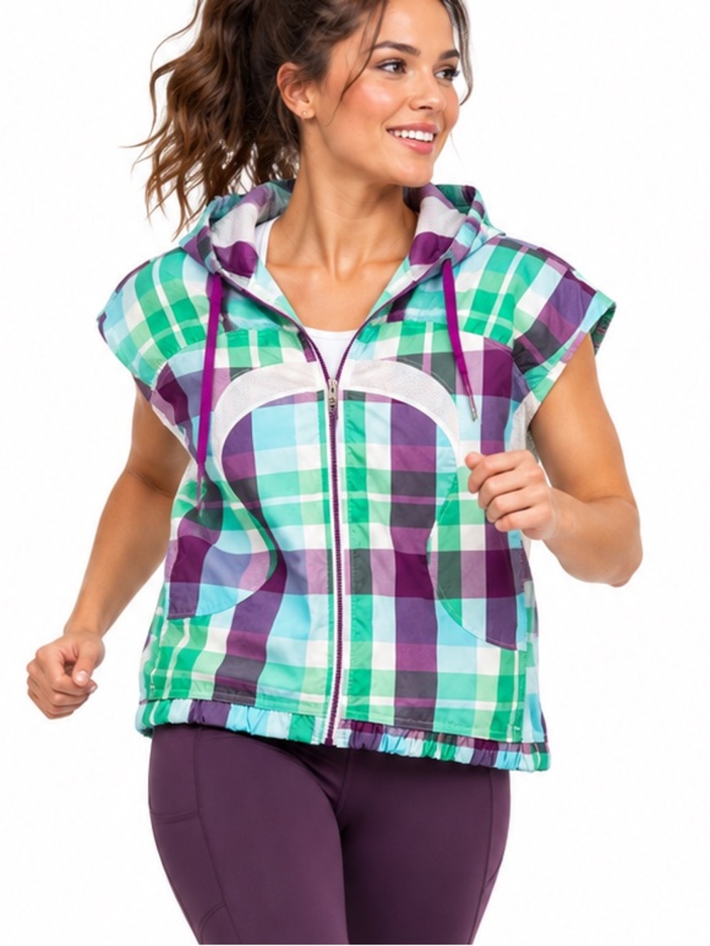 Lululemon Run With It Plaid Vest Hoodie 8 Blue Green Purple Rare Y2K Activewear